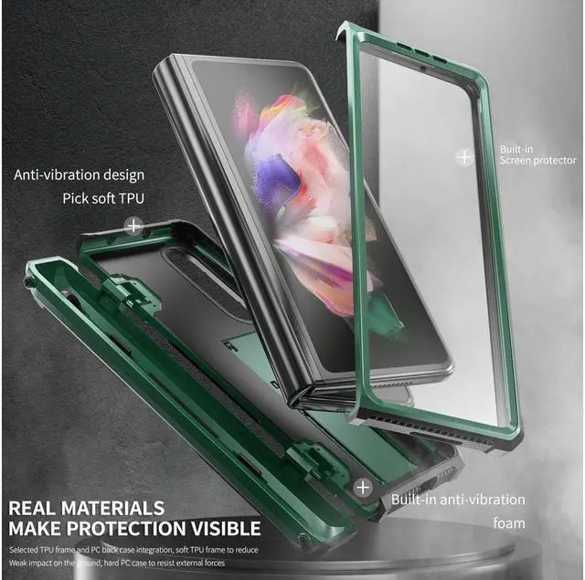 Alt view image 3 of 7 - BONAEVER Case for Samsung Galaxy Z Fold 3 5G 2021 Military-Grade Full-Body Shockproof Rugged Bumper Case Cover with Built-in Screen Protector & Stand and & S Pen Slot Army Green