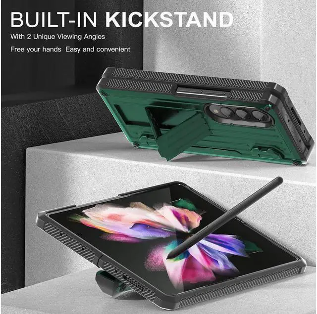 Alt view image 2 of 7 - BONAEVER Case for Samsung Galaxy Z Fold 3 5G 2021 Military-Grade Full-Body Shockproof Rugged Bumper Case Cover with Built-in Screen Protector & Stand and & S Pen Slot Army Green