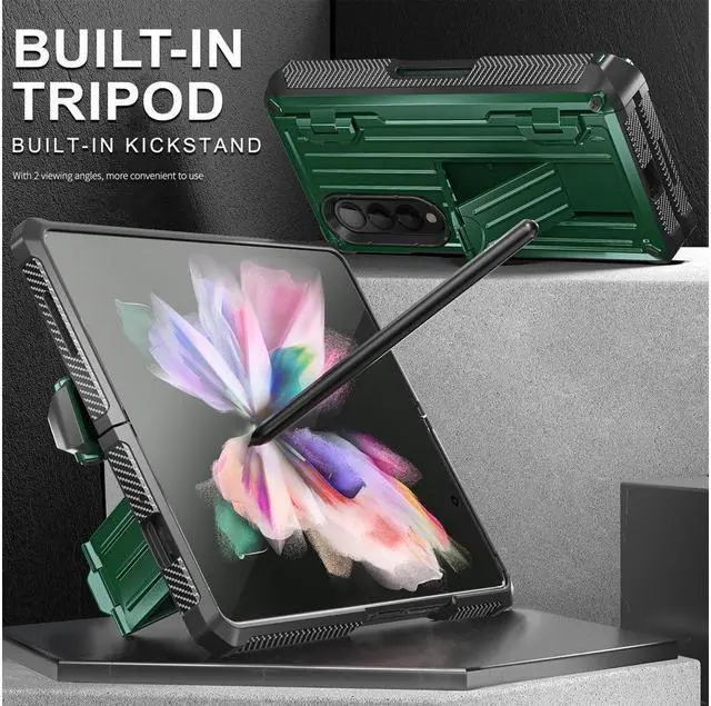Alt view image 4 of 7 - BONAEVER Case for Samsung Galaxy Z Fold 3 5G 2021 Military-Grade Full-Body Shockproof Rugged Bumper Case Cover with Built-in Screen Protector & Stand and & S Pen Slot Army Green