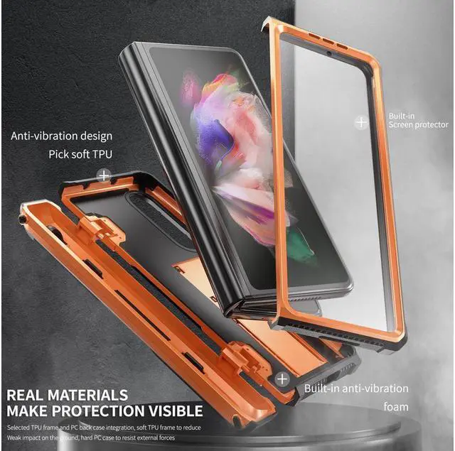 Alt view image 3 of 7 - BONAEVER Case for Samsung Galaxy Z Fold 3 5G 2021 Military-Grade Full-Body Shockproof Rugged Bumper Case Cover with Built-in Screen Protector & Stand and & S Pen Slot Orange