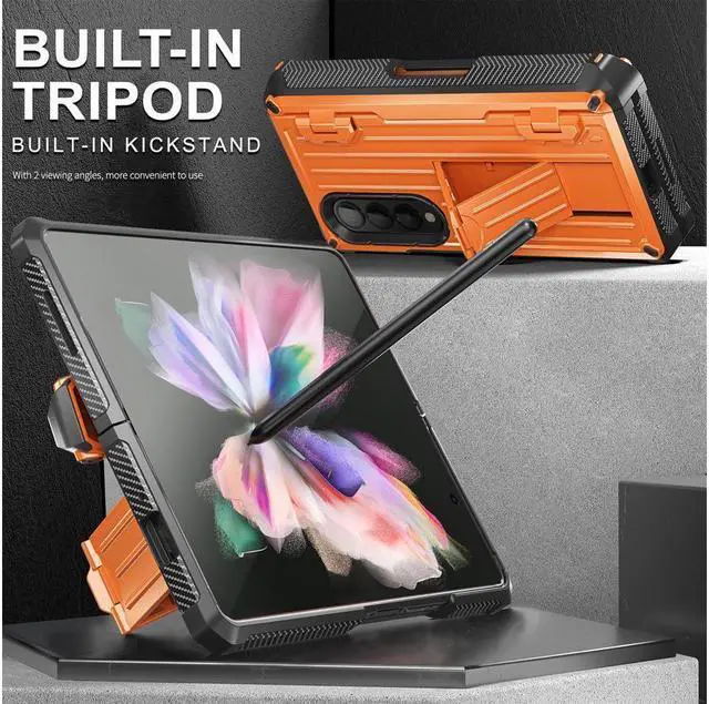 Alt view image 4 of 7 - BONAEVER Case for Samsung Galaxy Z Fold 3 5G 2021 Military-Grade Full-Body Shockproof Rugged Bumper Case Cover with Built-in Screen Protector & Stand and & S Pen Slot Orange