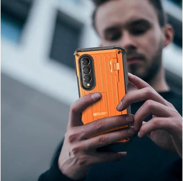 Alt view image 6 of 7 - BONAEVER Case for Samsung Galaxy Z Fold 3 5G 2021 Military-Grade Full-Body Shockproof Rugged Bumper Case Cover with Built-in Screen Protector & Stand and & S Pen Slot Orange
