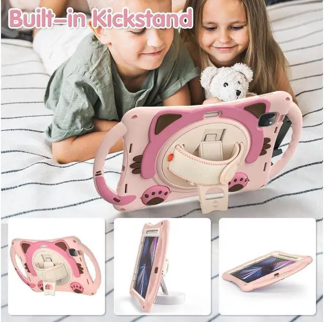Alt view image 2 of 7 - Kids Case for iPad Air 5 / Air 4 10.9 Case 2022 2020, iPad Pro 11 2021 2020 2018, Silicone Shockproof Protective Cover with Pencil Holder Hand Strap Kickstand Shoulder Strap for iPad Air 5th / 4th Gen
