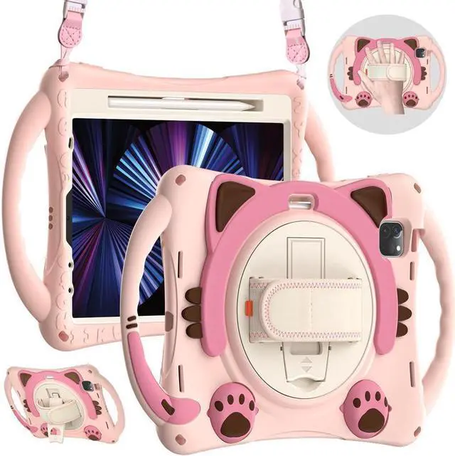 Main image of Kids Case for iPad Air 5 / Air 4 10.9 Case 2022 2020, iPad Pro 11 2021 2020 2018, Silicone Shockproof Protective Cover with Pencil Holder Hand Strap Kickstand Shoulder Strap for iPad Air 5th / 4th Gen