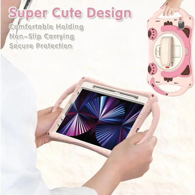 Alt view image 6 of 7 - Kids Case for iPad Air 5 / Air 4 10.9 Case 2022 2020, iPad Pro 11 2021 2020 2018, Silicone Shockproof Protective Cover with Pencil Holder Hand Strap Kickstand Shoulder Strap for iPad Air 5th / 4th Gen