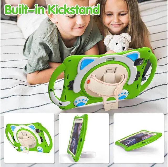 Alt view image 5 of 7 - Kids Case for iPad Air 5 / Air 4 10.9 Case 2022 2020, iPad Pro 11 2021 2020 2018, Silicone Shockproof Protective Cover with Pencil Holder Hand Strap Kickstand Shoulder Strap for iPad Air 5th / 4th Gen