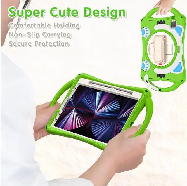 Alt view image 4 of 7 - Kids Case for iPad Air 5 / Air 4 10.9 Case 2022 2020, iPad Pro 11 2021 2020 2018, Silicone Shockproof Protective Cover with Pencil Holder Hand Strap Kickstand Shoulder Strap for iPad Air 5th / 4th Gen