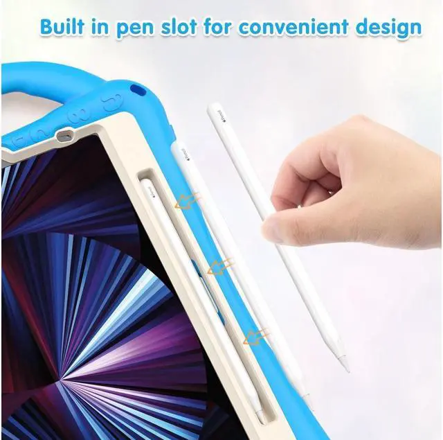 Alt view image 5 of 7 - Kids Case for iPad Air 5 / Air 4 10.9 Case 2022 2020, iPad Pro 11 2021 2020 2018, Silicone Shockproof Protective Cover with Pencil Holder Hand Strap Kickstand Shoulder Strap for iPad Air 5th / 4th Gen