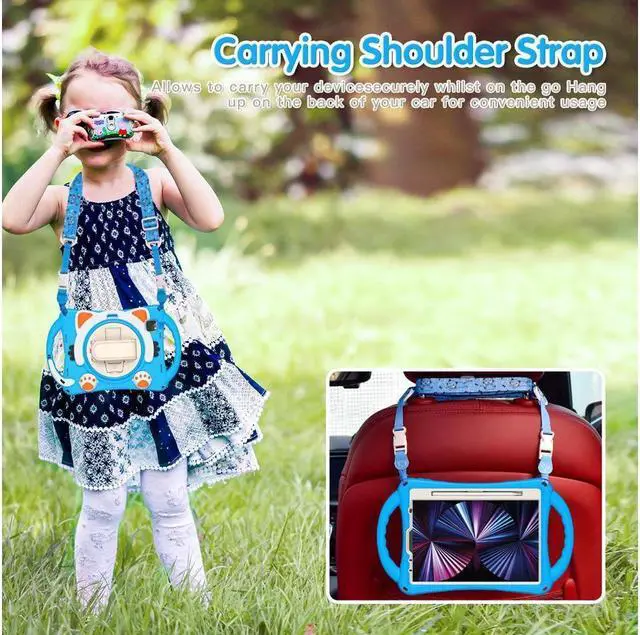 Alt view image 7 of 7 - Kids Case for iPad Air 5 / Air 4 10.9 Case 2022 2020, iPad Pro 11 2021 2020 2018, Silicone Shockproof Protective Cover with Pencil Holder Hand Strap Kickstand Shoulder Strap for iPad Air 5th / 4th Gen