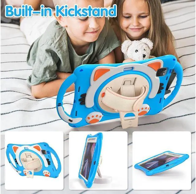 Alt view image 4 of 7 - Kids Case for iPad Air 5 / Air 4 10.9 Case 2022 2020, iPad Pro 11 2021 2020 2018, Silicone Shockproof Protective Cover with Pencil Holder Hand Strap Kickstand Shoulder Strap for iPad Air 5th / 4th Gen