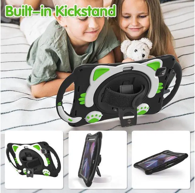 Alt view image 4 of 7 - Kids Case for iPad Air 5 / Air 4 10.9 Case 2022 2020, iPad Pro 11 2021 2020 2018, Silicone Shockproof Protective Cover with Pencil Holder Hand Strap Kickstand Shoulder Strap for iPad Air 5th / 4th Gen
