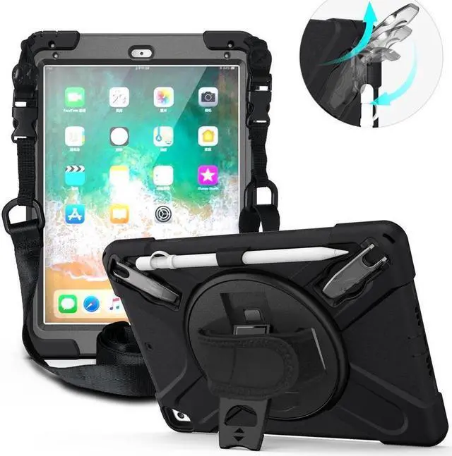 Main image of BONAEVER Shockproof Case for iPad 9.7 inch 2017 2018 iPad Air 2 2017 iPad Pro 9.7 2016 with Rotating Stand and Strap Pencil Holder Shoulder Strap