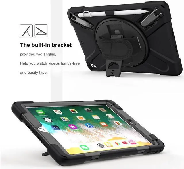 Alt view image 4 of 7 - BONAEVER Shockproof Case for iPad 9.7 inch 2017 2018 iPad Air 2 2017 iPad Pro 9.7 2016 with Rotating Stand and Strap Pencil Holder Shoulder Strap