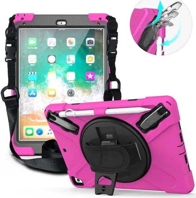 Main image of BONAEVER Shockproof Case for iPad 9.7 inch 2017 2018 iPad Air 2 2017 iPad Pro 9.7 2016 with Rotating Stand and Strap Pencil Holder Shoulder Strap