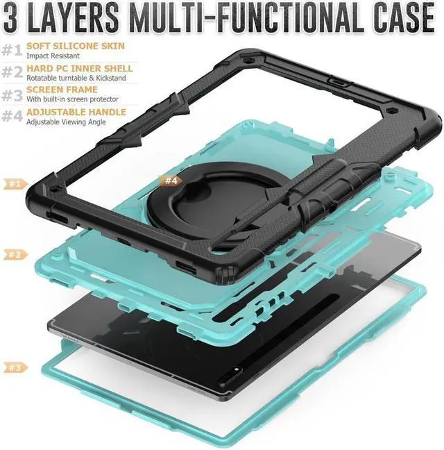 Alt view image 4 of 6 - BONAEVER For Samsung Galaxy Tab S8 Ultra 14.6" Case Model SM-X900 SM-X906 with S Pen Holder Shockproof Protective Cover with Rotating Stand and & Shoulder Strap