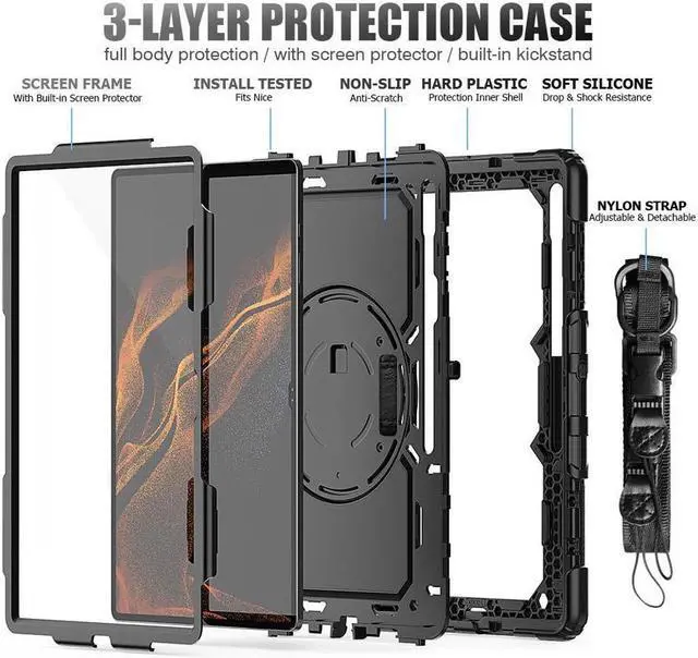 Alt view image 6 of 7 - BONAEVER For Samsung Galaxy Tab S8 Ultra 14.6 inch Case Model SM-X900 / SM-X906 with S Pen Holder Rugged Shockproof Protective Cover with Rotating Stand and & Shoulder Strap