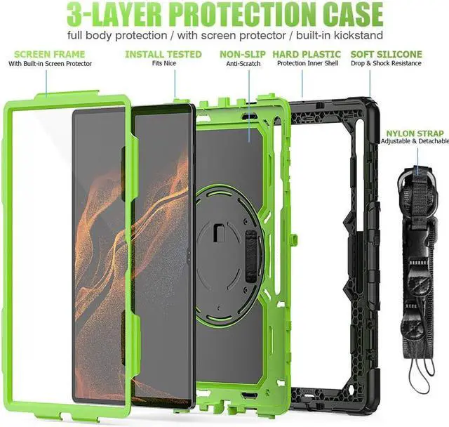 Alt view image 3 of 7 - BONAEVER For Samsung Galaxy Tab S8 Ultra 14.6 inch Case Model SM-X900 / SM-X906 with S Pen Holder Rugged Shockproof Protective Cover with Rotating Stand and & Shoulder Strap