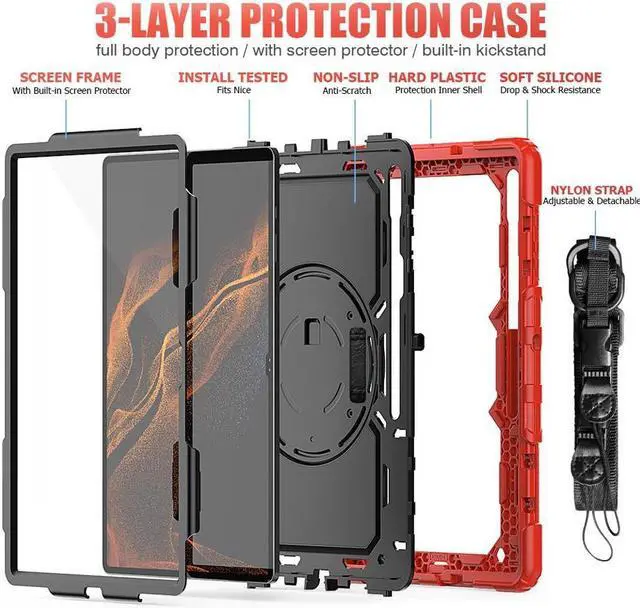 Alt view image 7 of 7 - BONAEVER For Samsung Galaxy Tab S8 Ultra 14.6 inch Case Model SM-X900 / SM-X906 with S Pen Holder Rugged Shockproof Protective Cover with Rotating Stand and & Shoulder Strap