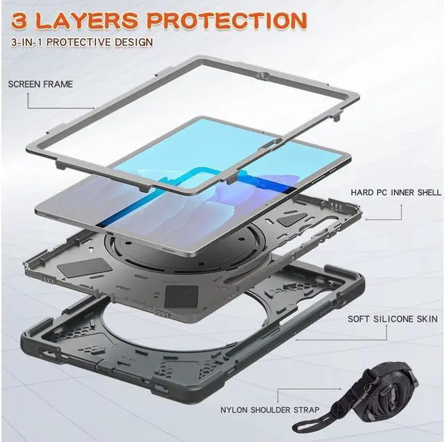 Alt view image 4 of 7 - Case for Samsung Galaxy Tab S8 Plus 2022 / S7 Plus 12.4 Inch 2020 SM-X800 SM-X806 SM-T970/T975/T976 with 360 Degree Rotating Handle Stand Bracket Shockproof Cover with Kickstand / Shoulder Strap