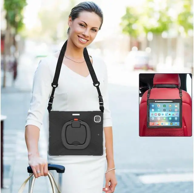 Alt view image 5 of 7 - BONAEVER For iPad Pro 12.9 Case 2022 2021 6th 5th Generation Shockproof Cover with Pencil Holder Rotating Stand and Strap / Shoulder Strap