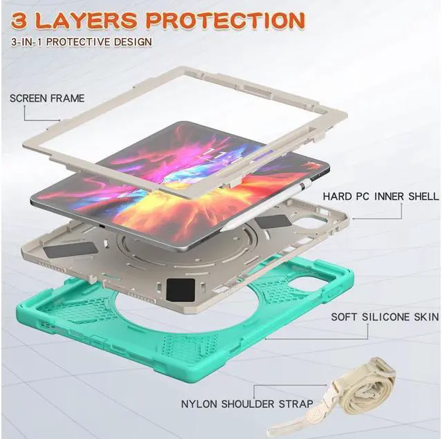 Alt view image 7 of 7 - BONAEVER For iPad Pro 12.9 Case 2022 2021 6th 5th Generation Shockproof Cover with Pencil Holder Rotating Stand and Strap / Shoulder Strap