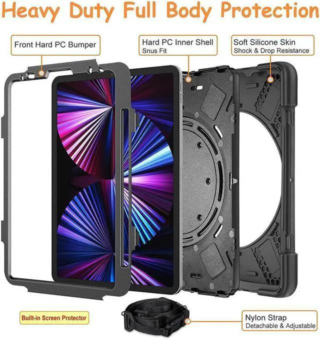 Alt view image 7 of 7 - BONAEVER Case for iPad Pro 11 inch 2022 2021 2020 2018/ iPad Air 4 / Air 5 10.9 Inch Shockproof Cover with Built-in Stand & Shoulder Strap & Pencil Holder