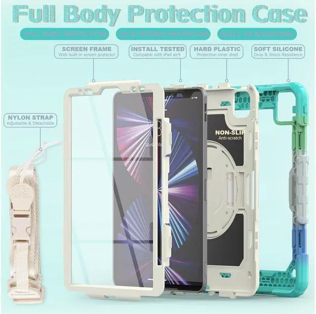 Alt view image 6 of 6 - BONAEVER Case for iPad Pro 11 2022 2021 2020 2018 / iPad Air 4 / Air 5 10.9 Inch Shockproof Cover with Screen Protector & Shoulder Strap & Pencil Holder