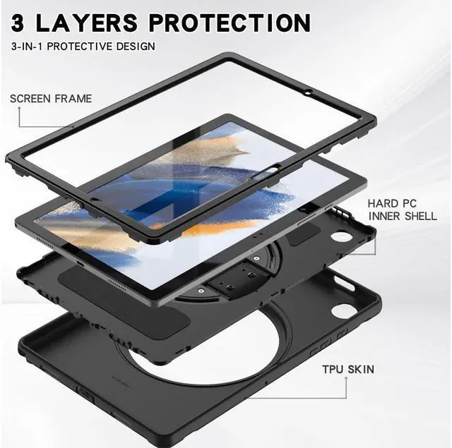 Alt view image 7 of 7 - BONAEVER For Galaxy Tab A8 Case 10.5 Inch 2022 (SM-X200/X205/X207) Rugged Shockproof Case with Hand Strap Rotating Stand and Protective Cover Case for 10.5" Galaxy Tab A8 2022