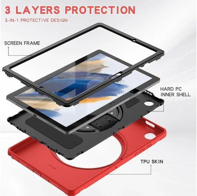 Alt view image 4 of 7 - BONAEVER For Galaxy Tab A8 Case 10.5 Inch 2022 (SM-X200/X205/X207) Rugged Shockproof Case with Hand Strap Rotating Stand and Protective Cover Case for 10.5" Galaxy Tab A8 2022