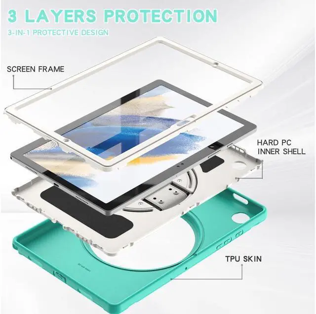 Alt view image 3 of 7 - BONAEVER For Galaxy Tab A8 Case 10.5 Inch 2022 (SM-X200/X205/X207) Rugged Shockproof Case with Hand Strap Rotating Stand and Protective Cover Case for 10.5" Galaxy Tab A8 2022
