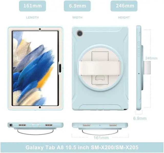 Alt view image 7 of 7 - BONAEVER For Galaxy Tab A8 Case 10.5 Inch 2022 (SM-X200/X205/X207) Rugged Shockproof Case with Hand Strap Rotating Stand and Protective Cover Case for 10.5" Galaxy Tab A8 2022