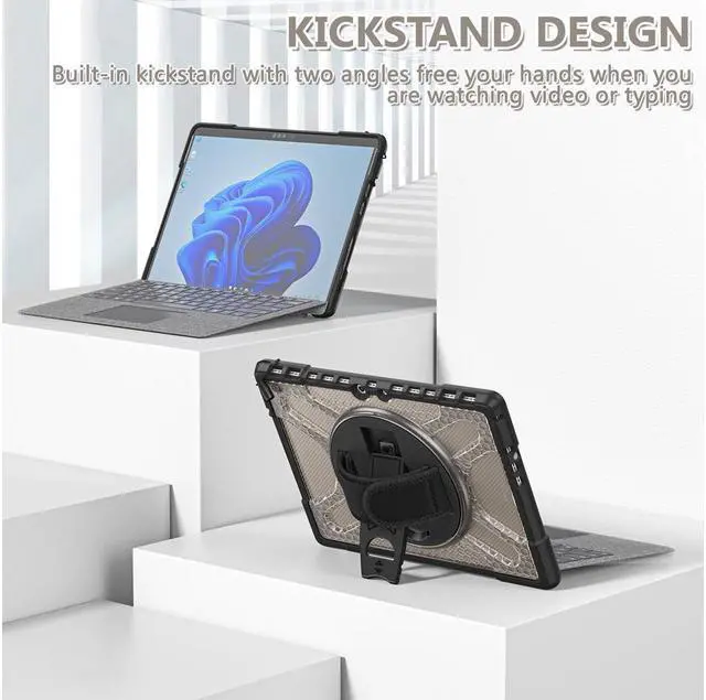 Alt view image 4 of 7 - BONAEVER For Microsoft Surface Pro 8 13 inch 2021 Case Protective Rugged Cover with Pen Holder / Hand Strap / Rotating Stand and Compatible with Type Cover Keyboard