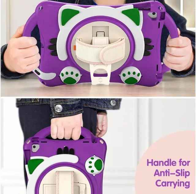 Alt view image 4 of 7 - BONAEVER Kids Case for iPad 9.7 2018 / 2017 / Air 1 / Air 2 / Pro 9.7 Silicone Shockproof Protective Cover with Pencil Holder Handle Grip Hand Strap Stand and Shoulder Strap