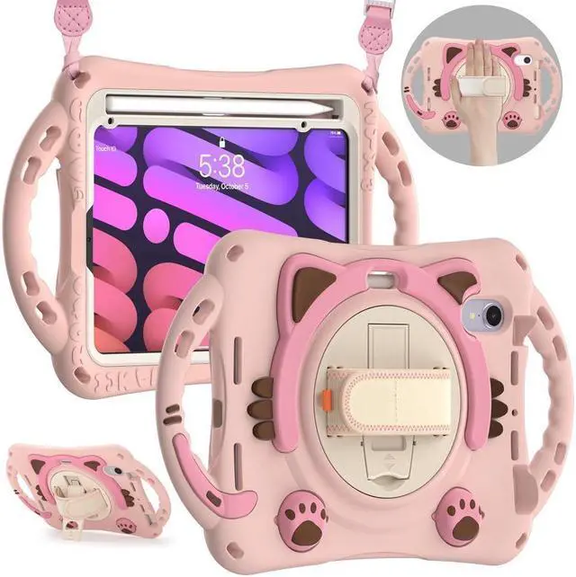 Main image of BONAEVER Kids Case for Apple iPad Mini 6 8.3 Inch 2021 Silicone Shockproof Protective Cover with Pencil Holder Handle Grip Hand Strap Stand and Shoulder Strap for iPad Mini 6th Generation
