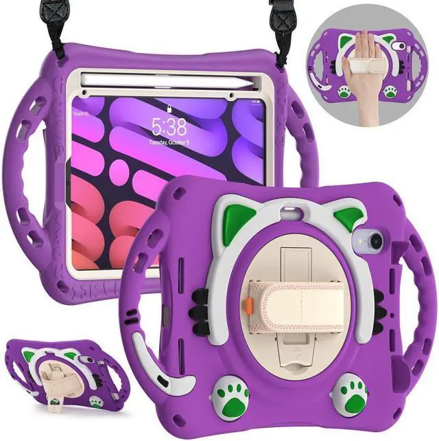 Main image of BONAEVER Kids Case for Apple iPad Mini 6 8.3 Inch 2021 Silicone Shockproof Protective Cover with Pencil Holder Handle Grip Hand Strap Stand and Shoulder Strap for iPad Mini 6th Generation