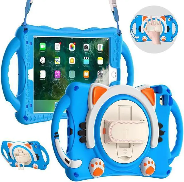 Main image of BONAEVER For iPad Mini 5th/4th/3rd/2nd/1 Stand Generation Case for Kids Silicone Rubber Shockproof Cover for iPad mini 5 4 3 2 1 with Adjustable StrapHandle GripPencil HolderRotating Stand and Strap