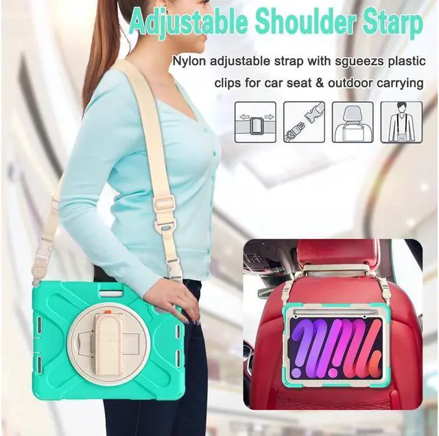 Alt view image 3 of 7 - BONAEVER For iPad Mini 6 2021 Case (6th Generation) with Pencil Holder / 360 Rotation Stand / Hand Strap Shoulder Strap Rugged Shockproof Cover for iPad Mini 6th Gen 8.3 Inch