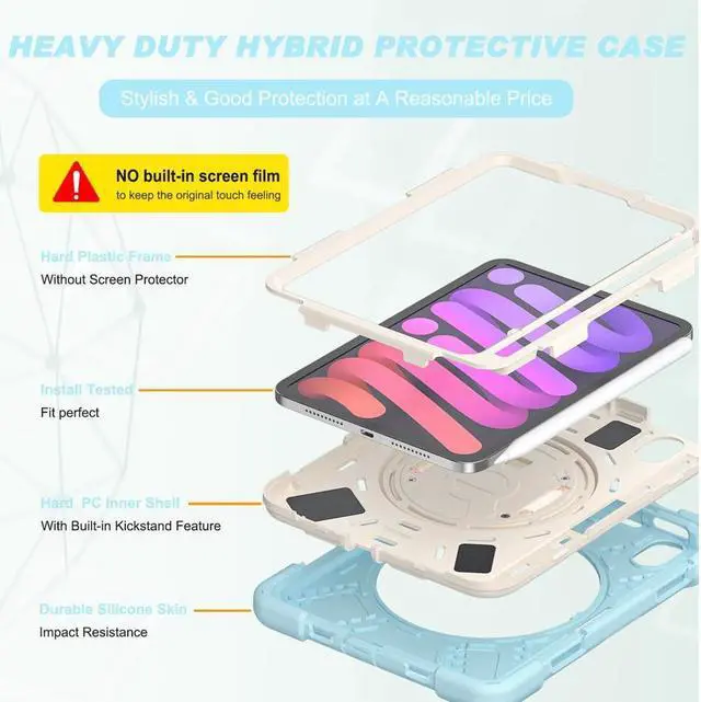Alt view image 2 of 7 - BONAEVER For iPad Mini 6 2021 Case (6th Generation) with Pencil Holder / 360 Rotation Stand / Hand Strap Shoulder Strap Rugged Shockproof Cover for iPad Mini 6th Gen 8.3 Inch