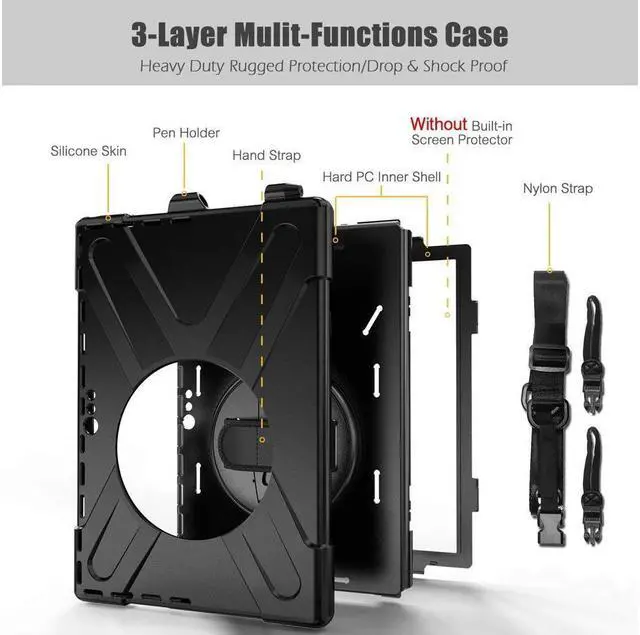 Alt view image 7 of 7 - BONAEVER For Microsoft Surface Pro 7 Plus / Pro 7 / Pro 6 / Pro 5 / Pro 2017 / Pro 4 / Pro LTE Case Protective Shockproof Cover with Pen Holder Hand Strap Rotating Stand and Shoulder Strap