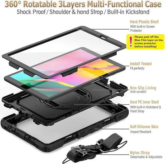 Alt view image 6 of 7 - BONAEVER For Samsung Galaxy Tab A 10.1 2019 Case T510 T515 Cover Three Layer Hybrid Drop Protection Case with 360 Rotating Stand / Hand Strap & Stylus Pencil Holder for Samsung Galaxy Tab A 10.1 inch