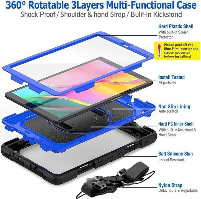 Alt view image 7 of 7 - BONAEVER For Samsung Galaxy Tab A 10.1 2019 Case T510 T515 Cover Three Layer Hybrid Drop Protection Case with 360 Rotating Stand / Hand Strap & Stylus Pencil Holder for Samsung Galaxy Tab A 10.1 inch