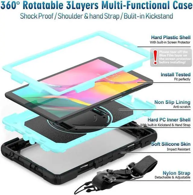 Alt view image 7 of 7 - BONAEVER For Samsung Galaxy Tab A 10.1 2019 Case T510 T515 Cover Three Layer Hybrid Drop Protection Case with 360 Rotating Stand / Hand Strap & Stylus Pencil Holder for Samsung Galaxy Tab A 10.1 inch