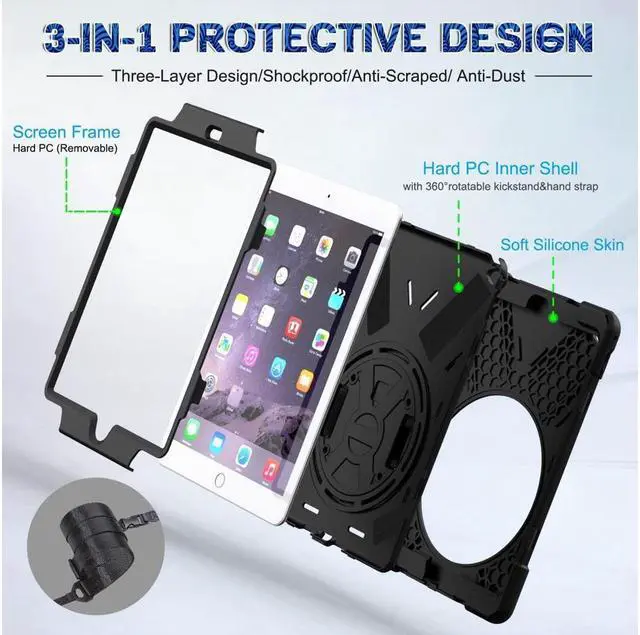 Alt view image 3 of 7 - BONAEVER For iPad Air 2 Case 9.7 Inch 2014 Case Model A1566 A1567 with Stand Strap Rugged Rubber Protective Cover for iPad Air 2nd Generation