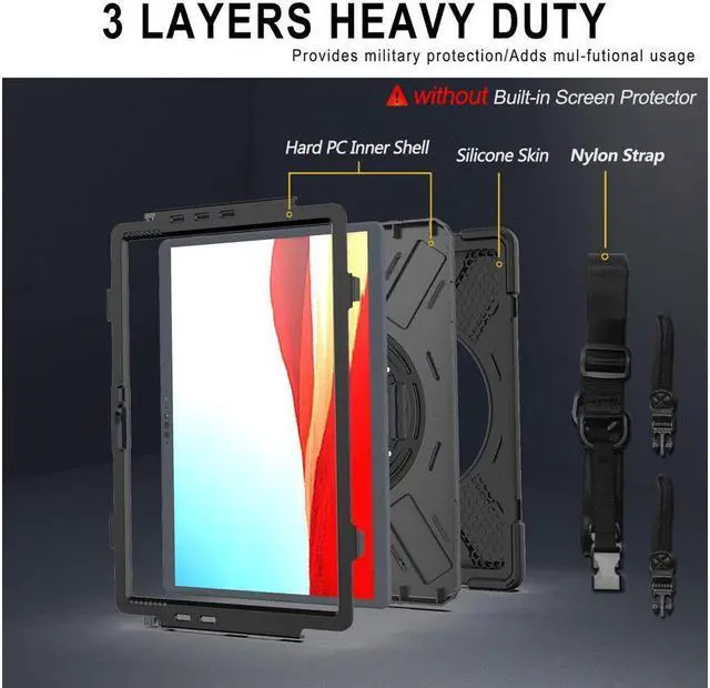 Alt view image 5 of 7 - BONAEVER For Microsoft Surface Pro X 13 inch Case Shockproof Protective Cover with Pen Holder Hand Strap Rotating Stand and Shoulder Strap