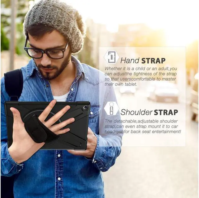 Alt view image 4 of 7 - BONAEVER For Amazon Kindle Fire HD 10 2017 2018 2019 Case Shockproof Protective Cover with Rotating Hand Strap Carrying Shoulder Strap Stand and