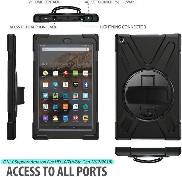 Alt view image 5 of 7 - BONAEVER For Amazon Kindle Fire HD 10 2017 2018 2019 Case Shockproof Protective Cover with Rotating Hand Strap Carrying Shoulder Strap Stand and