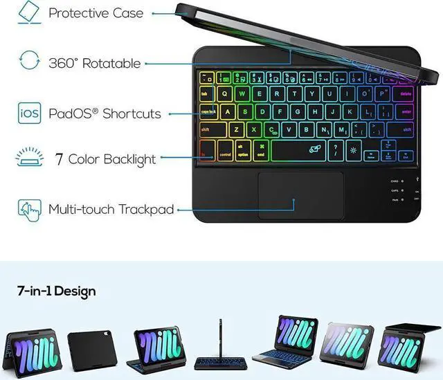 Alt view image 3 of 7 - BONAEVER Touch Wireless Keyboard Case for iPad Mini 6 2021 8.3 inch Touchpad 7 Color Backlit 360 Rotatable Protective Cover For iPad Mini 6th Generation 8.3" 2021