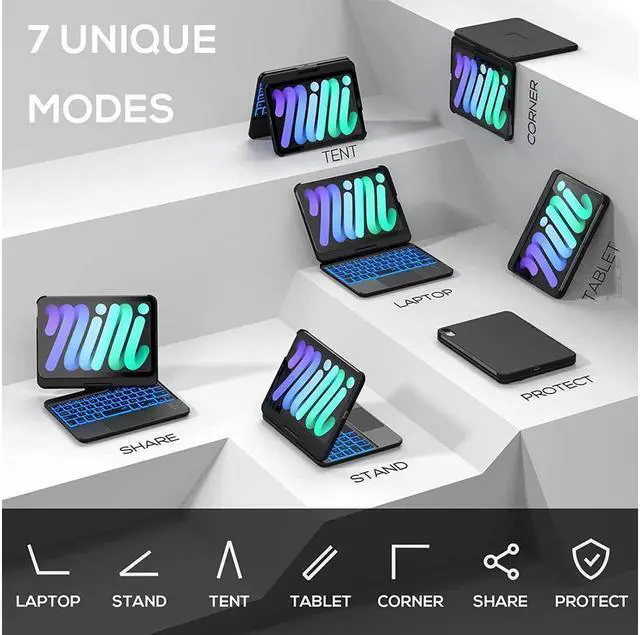 Alt view image 5 of 7 - BONAEVER Touch Wireless Keyboard Case for iPad Mini 6 2021 8.3 inch Touchpad 7 Color Backlit 360 Rotatable Protective Cover For iPad Mini 6th Generation 8.3" 2021