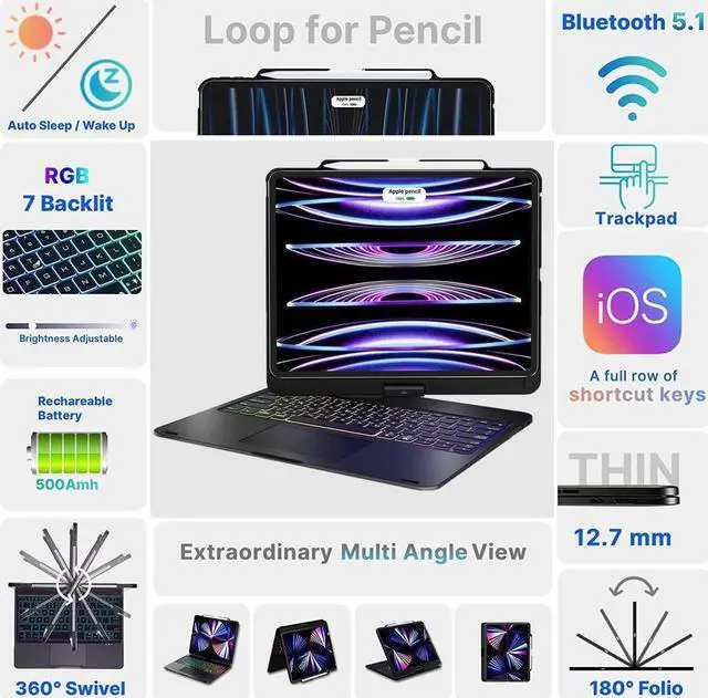Alt view image 6 of 7 - BONAEVER Touchpad Keyboard Case for iPad Pro 12.9 inch 6th Generation 2022 5th Gen 2021 4th Gen 2020 3rd Gen 2018 Backlit Bluetooth Cover with Pencil Holder