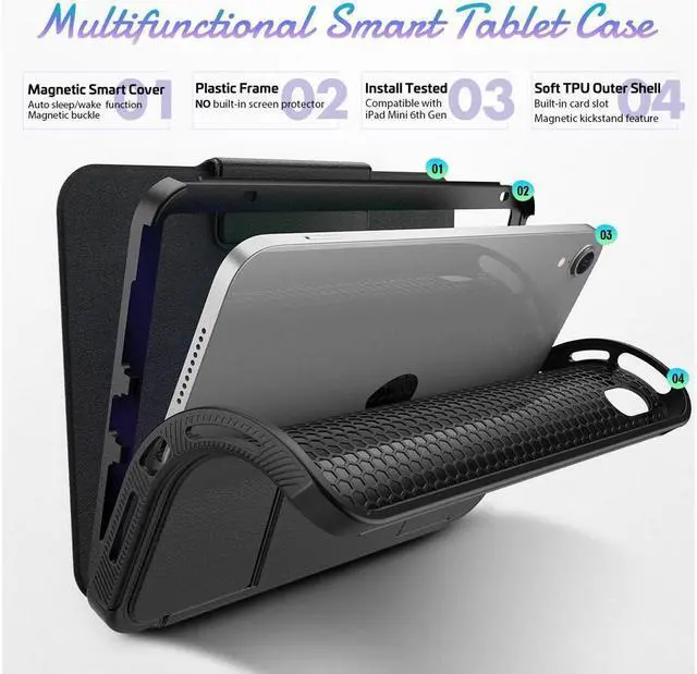 Alt view image 7 of 7 - BONAEVER Magnetic Case for iPad mini 7 (A17 Pro) 2024 / Mini 6 2021 8.3 inch- Multiple Angle Shockproof Rugged Stand Case Soft TPU Back Cover with Pencil HolderCard Slot Auto Sleep Wake